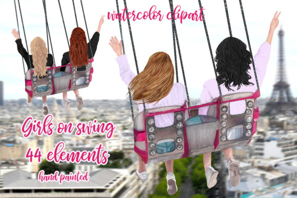 Best Friends Clipart, Girls on Swing Illustrations for Crafters & Etsy Sellers