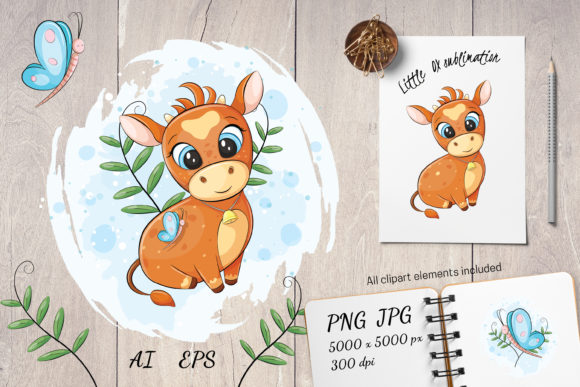 Cute Animal Cow Baby Ox Sublimation Illustrations for Blog Graphics