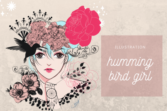 Hummingbird Rose Girl Manga Illustration: A Fresh Editorial Design Asset for Content Creators