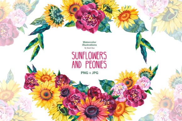 Sunny Editorial Charm with Bouquets of Sunflowers and Peonies Illustrations